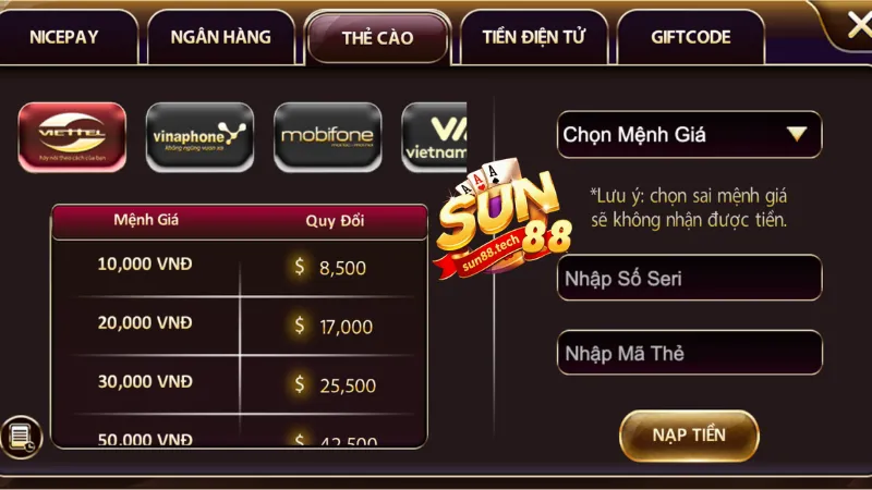 Nạp tiền SUN88 bằng thẻ cào đơn giản