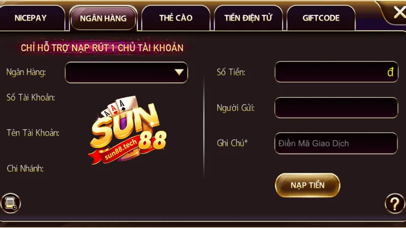 SUN88 có nhiều hình thức nạp tiền siêu tốc