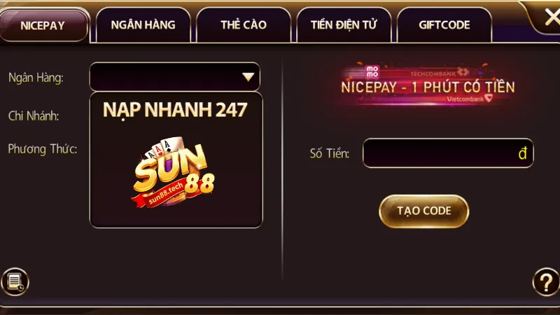 Hệ thống nạp tiền SUN88 hiện đại